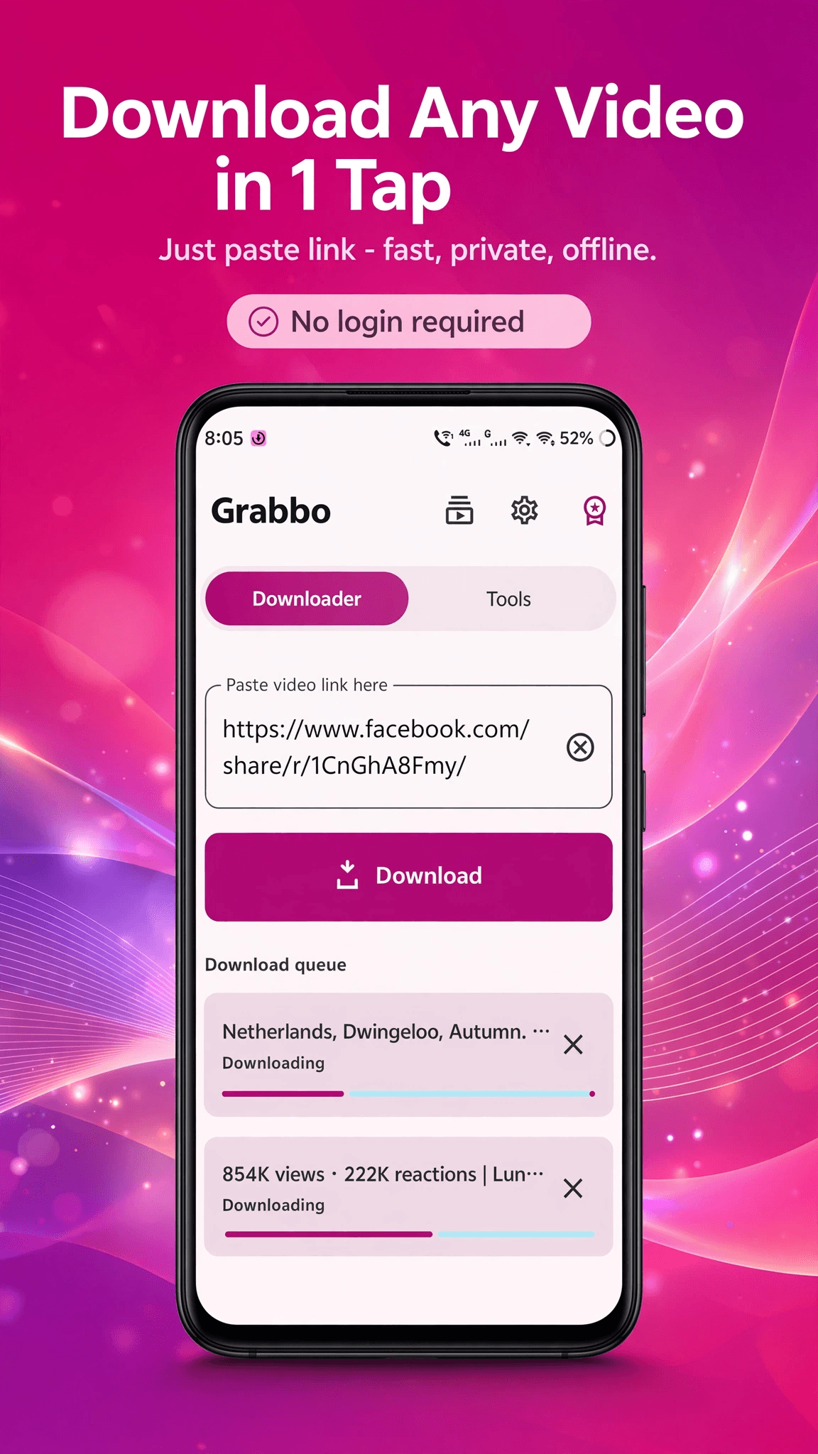Grabbo home screen: paste a link and download in one tap